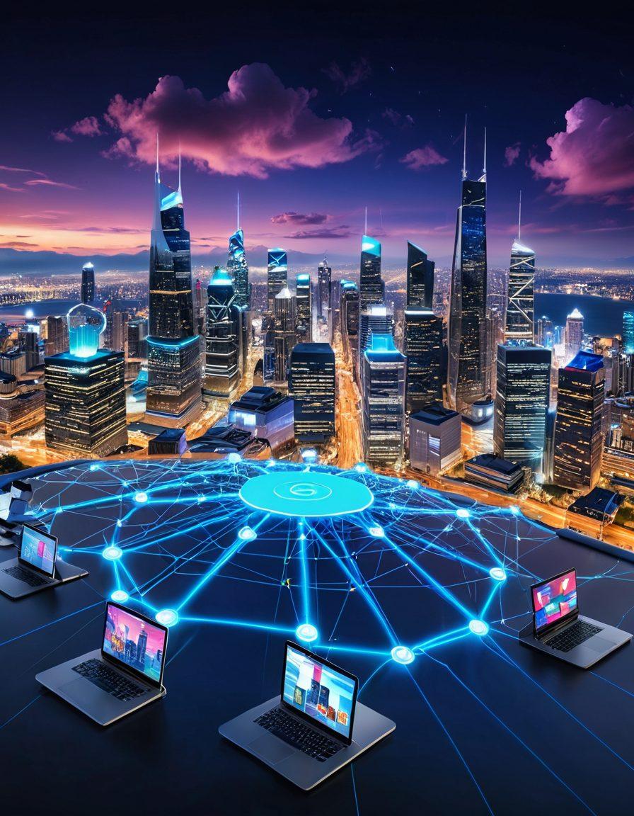 A futuristic city skyline with interconnected data streams forming a web connecting various tech devices like laptops, smartphones, and servers. JohnnyO logo prominently displayed at the center, symbolizing control and integration of web services. Background includes icons of cloud computing, cybersecurity, AI, and analytics. Digital blueprint overlay. super-realistic. vibrant colors.