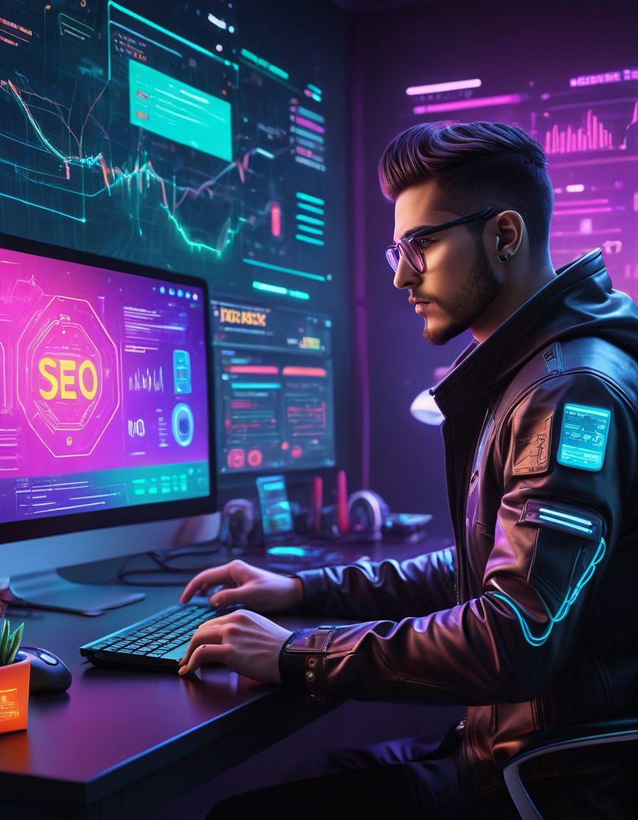 A dynamic and modern digital landscape showcasing a sleek website interface, vibrant SEO data graphs, and coding elements weaving through the scene. Include a figure representing JohnnyO as a thoughtful developer working intently at a stylish desk, surrounded by floating digital icons and tools. Neon colors and futuristic accents with a balanced, clean composition. super-realistic, vibrant colors, cyberpunk style.