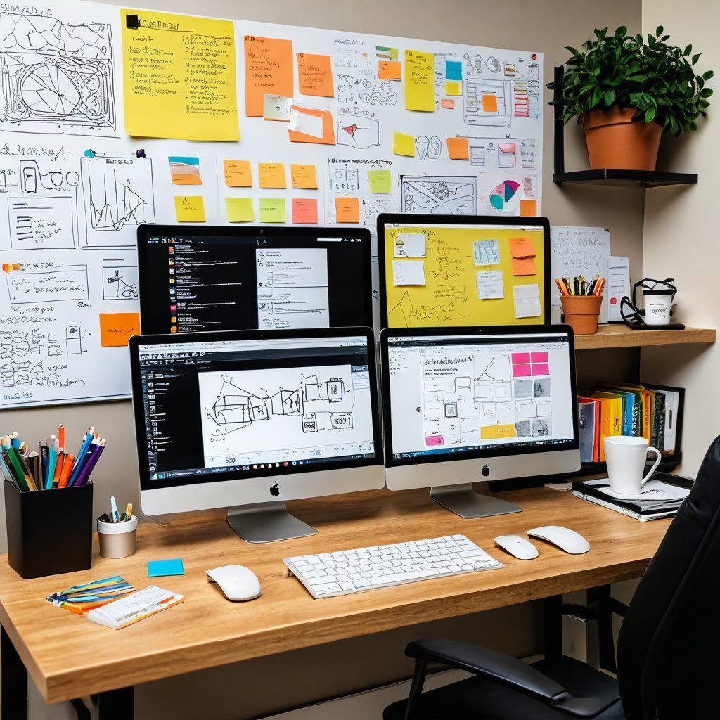 A dynamic and modern workspace with large computer monitors displaying intricate web design layouts and marketing analytics. JohnnyO, a creative character, is seen brainstorming, surrounded by sketchpads, sticky notes, and coffee cups, representing a vibrant and productive environment. Include elements like brand logos, color palettes, and creative tools such as Adobe Photoshop and Illustrator icons. super-realistic. vibrant colors. 3D.